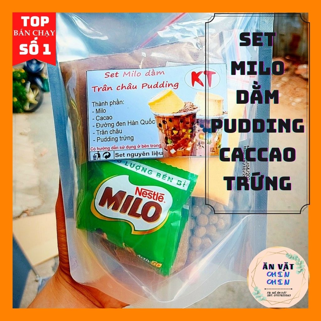 Set milo dầm trân châu, pudding trứng cacao túi 400g, nguyên liệu đầy đủ, tiện lợi