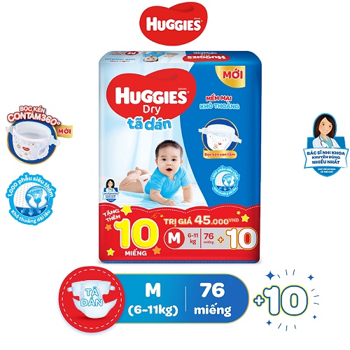 [Thêm 10 miếng] Tã bĩm dán Huggies size M76 (76 miếng)tặng thêm 10 miếng cho bé 6-11kg mẫu mới bọc kén con tằm