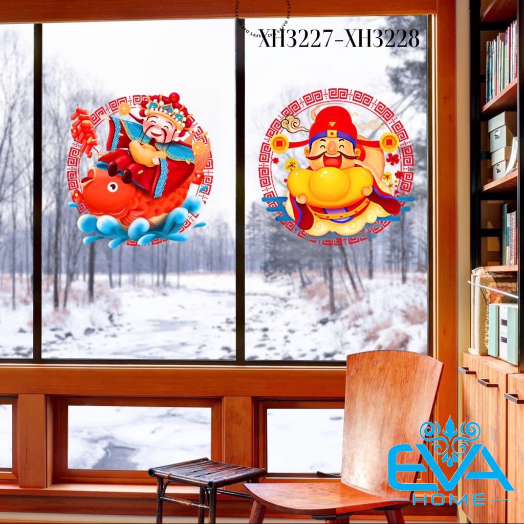 Decal Dán Tường Dán Kính Trang Trí Tết Họa Tiết Thần Tài Ôm Thổi Vàng Đón Xuân XH3228 M3595