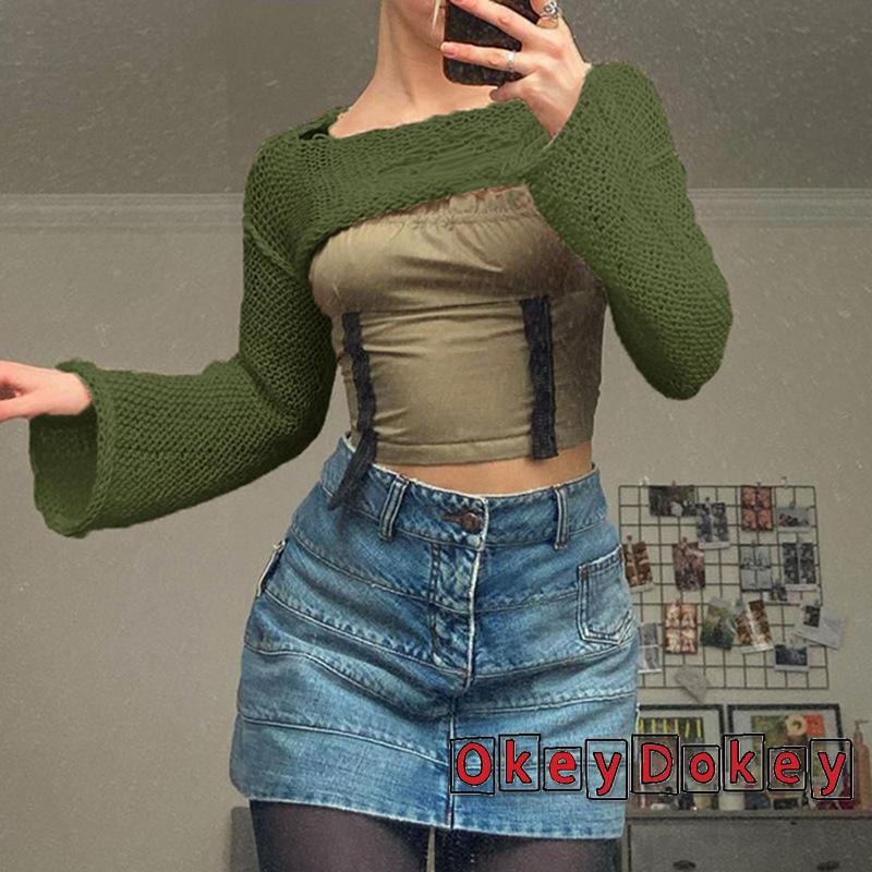 Áo Crop Top Dệt Kim Tay Loe Màu Trơn Thời Trang Cho Nữ y2k