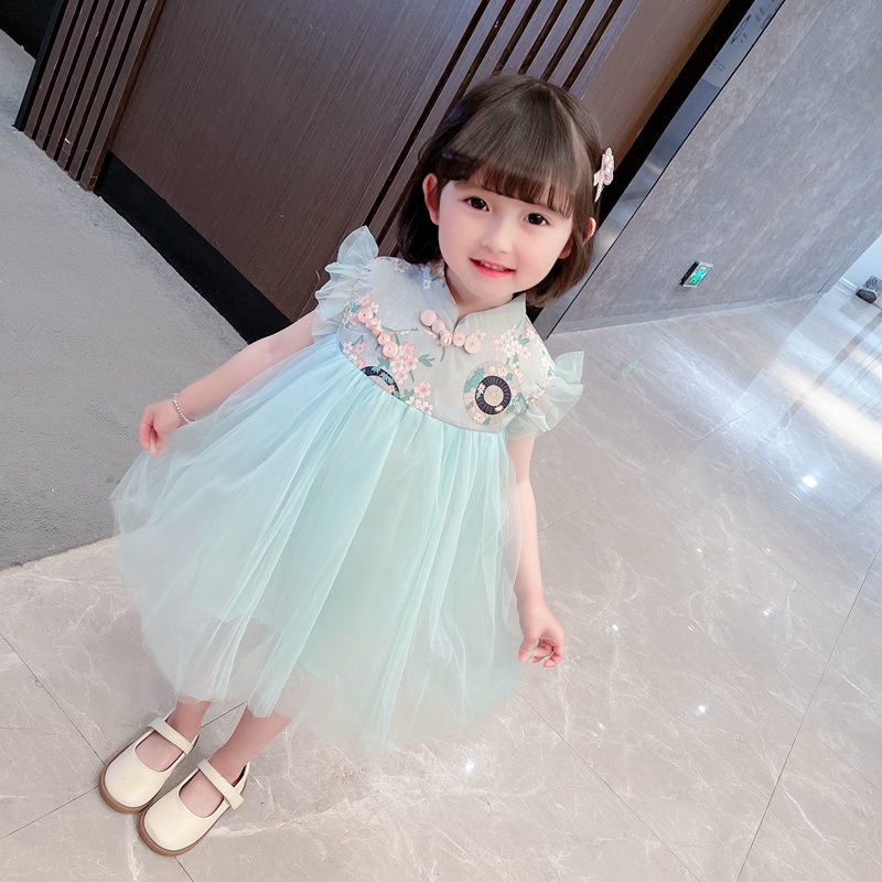 Đầm Công Chúa Chiffon Tay Ngắn Phối Lưới Phong Cách Trung Hoa Mới Mùa Hè Cho Bé Gái