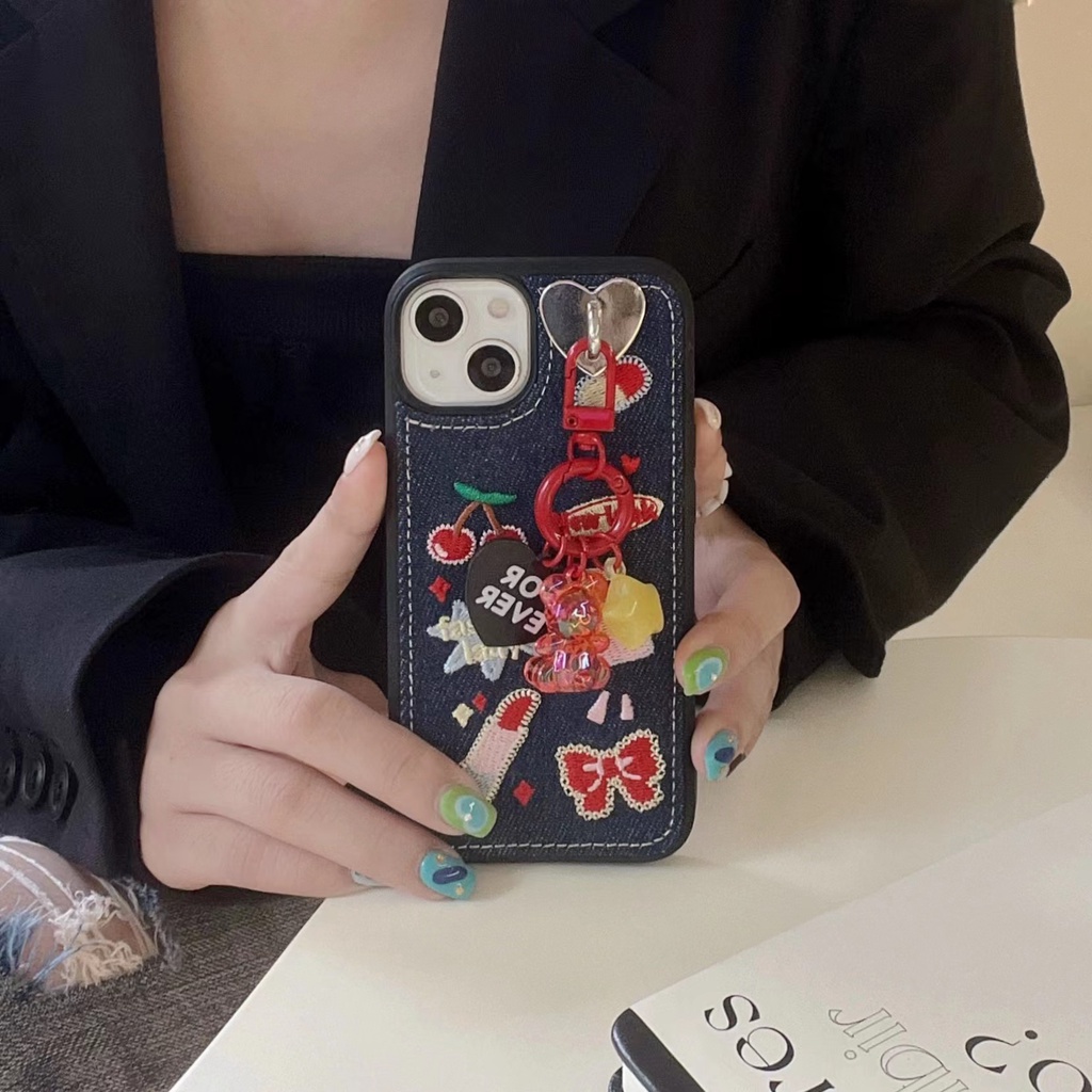 Ốp Điện Thoại Tpu denim Mềm Chống Trượt Thêu Hình Hoạt Hình Có Dây Đeo Cổ Tay Cho iphone 11 12 13 pro xs max xr