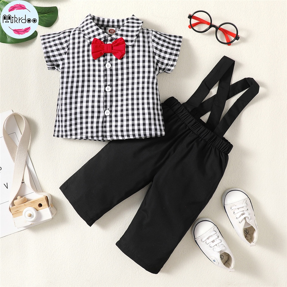 Bộ áo sơ mi tay ngắn kẻ sọc + quần yếm MIKRDOO lịch lãm thời trang mùa hè dành cho bé trai sơ sinh