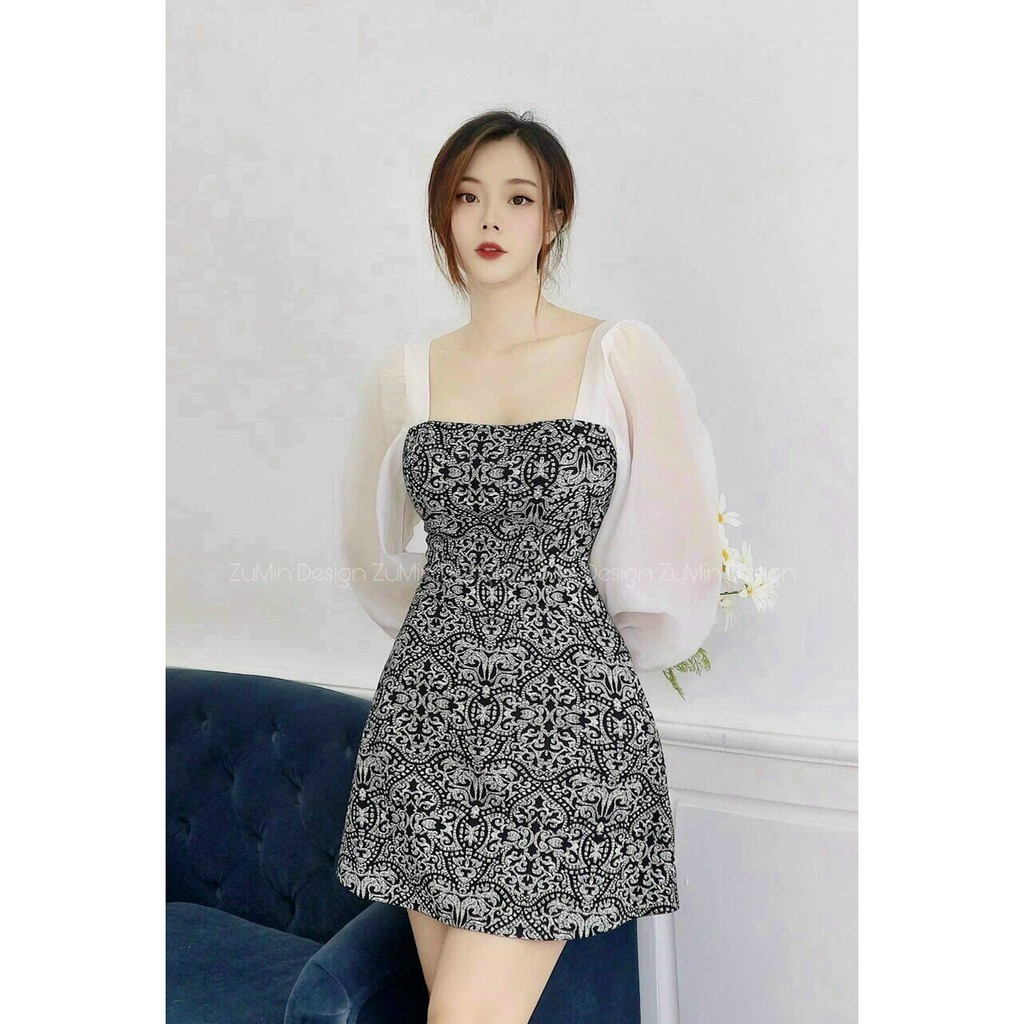 Váy Đầm Xòe Họa Tiết Phối Tay Voan Có Mút Ngực Cổ Vuông Tay Dài Chất Liệu Thun Dẻo In KTS Phối Voan Thời Trang Nữ KEMPK