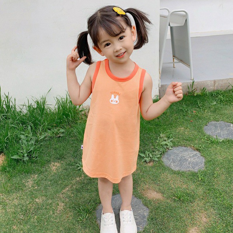 Đầm không tay in họa tiết hoạt hình phong cách Hàn Quốc cho bé gái