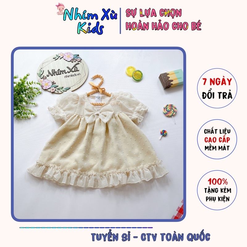 Váy Babydoll Màu Be Sang Chảnh Chất Tơ Nảy Hạt Lót Hubutai Cho Bé Gái 4 - 32kg [A014]