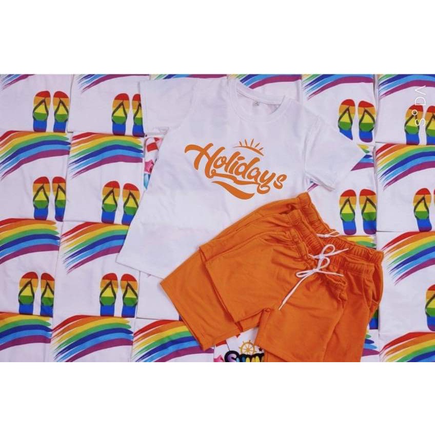 Quần thun màu cam, quần đôi nam nữ, gia đình - bộ đi biển kate thái 1 - bộ trái cây gia đình