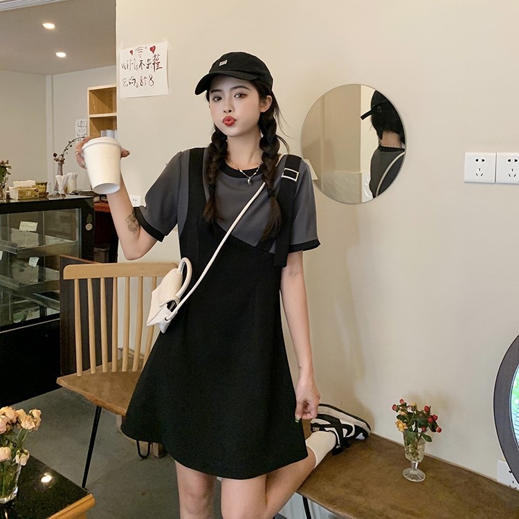 Đầm ZHELIHANGFEI ngắn tay giả hai lớp thiết kế không đồng đều xinh xắn thời trang