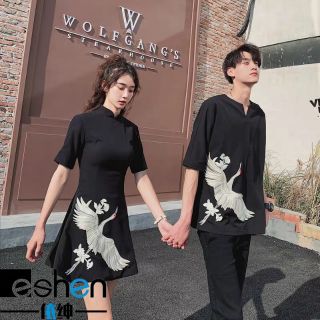 Sét áo váy đôi thêu hạc có bigsize
