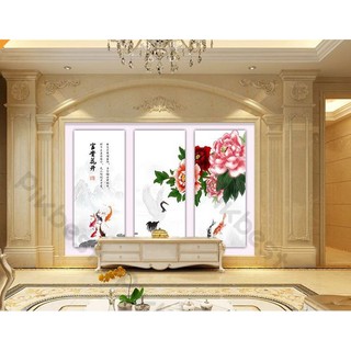 Tranh dán tường Hoa mẫu đơn và cá chép chim hồng hạc trắng, Tranh 3d dán tường hiện đại (tích hợp sẵn keo)  MS1014482