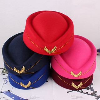 Hostess Hat FENYUN Women Air Stewardess Hat Woolen Flight Attendant Hat Stewardess For Costume Cosplay Musical Performance Size M Wine Red White Beret