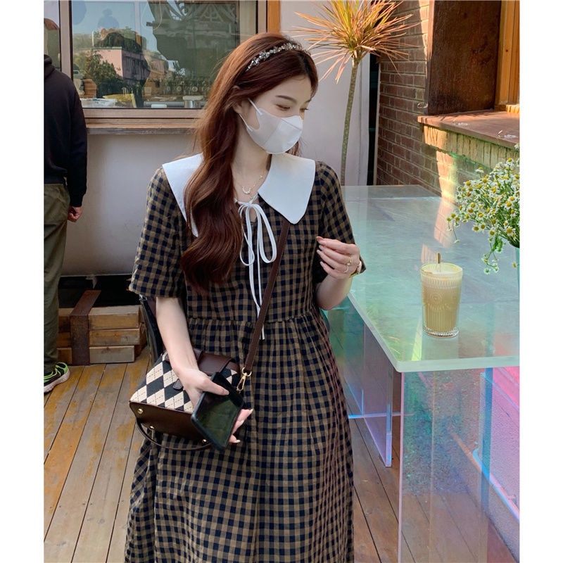 Đầm Chữ A Cổ Búp Bê Kẻ Sọc Ca Rô Thời Trang Mùa Hè Mới Cho Nữ