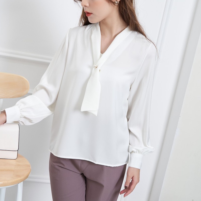 Áo sơ mi dài tay nơ cổ , áo lụa công sở nữ phong cách Hàn form rộng, cao cấp màu Trắng Đen MISS CLOTHINGS SM-04 | BigBuy360 - bigbuy360.vn