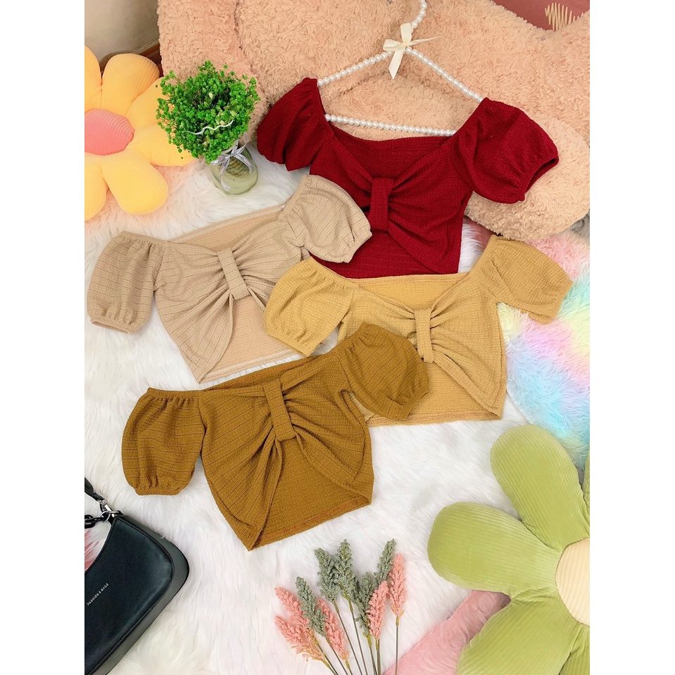 Áo xốp croptop trễ vay tay ngắn bo tay nhúm ngực cực xinh , chất xốp mềm mịn