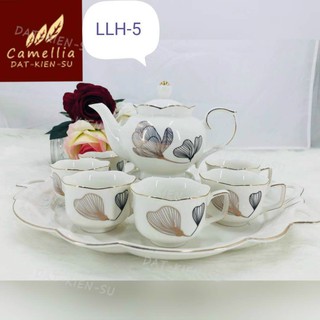 Bộ ấm chén pha trà kèm khay sứ tròn trắng họa tiết sang trọng