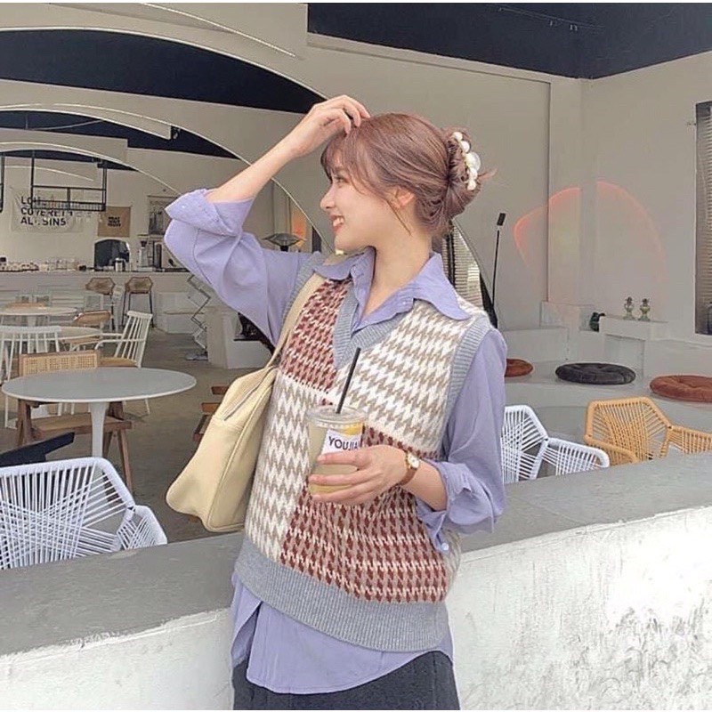 Áo gile nữ kẻ caro len thổ cẩm mềm Quảng Châu cổ V Bigzone GL123 | BigBuy360 - bigbuy360.vn