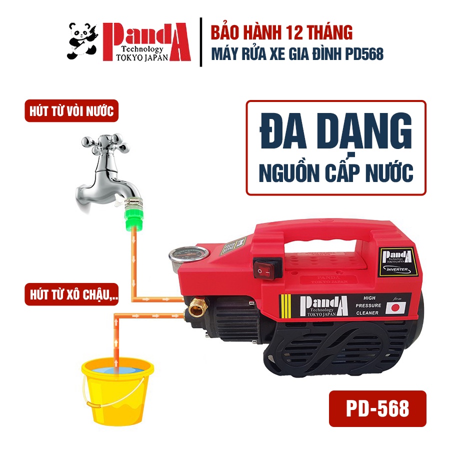 Máy rửa xe PANDA PD568 công suất 2300W, Motor từ dây Đồng dùng cho gia đình phun rửa sân, ô tô, xe máy