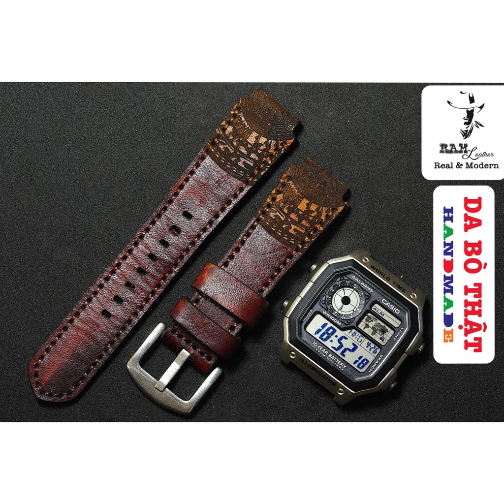 Dây đồng hồ RAM Leather Trống đồng cho CASIO 1200, AE 1200, 1300, 1100, A159 , A168 , Size 18 da bò vegtan mahogany