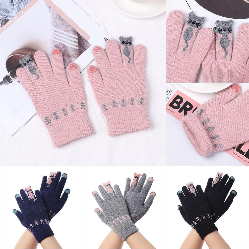 Găng Tay Đan Len Hở Ngón Giữ Ấm Mềm Mại Hình Mèo Hoạt Hình Dễ Thương