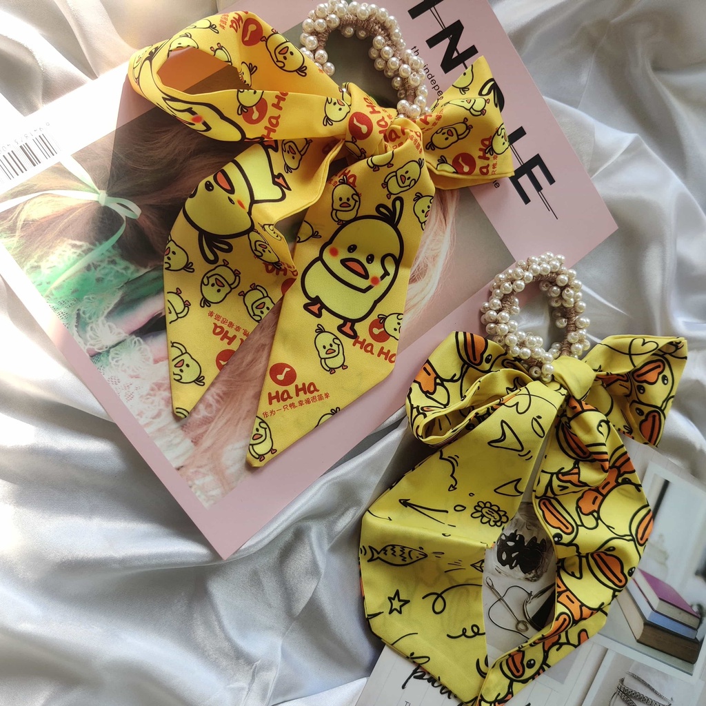 Dây buộc tóc ruy băng co giãn đính ngọc trai phong cách Hàn Quốc 2021 cho nữ