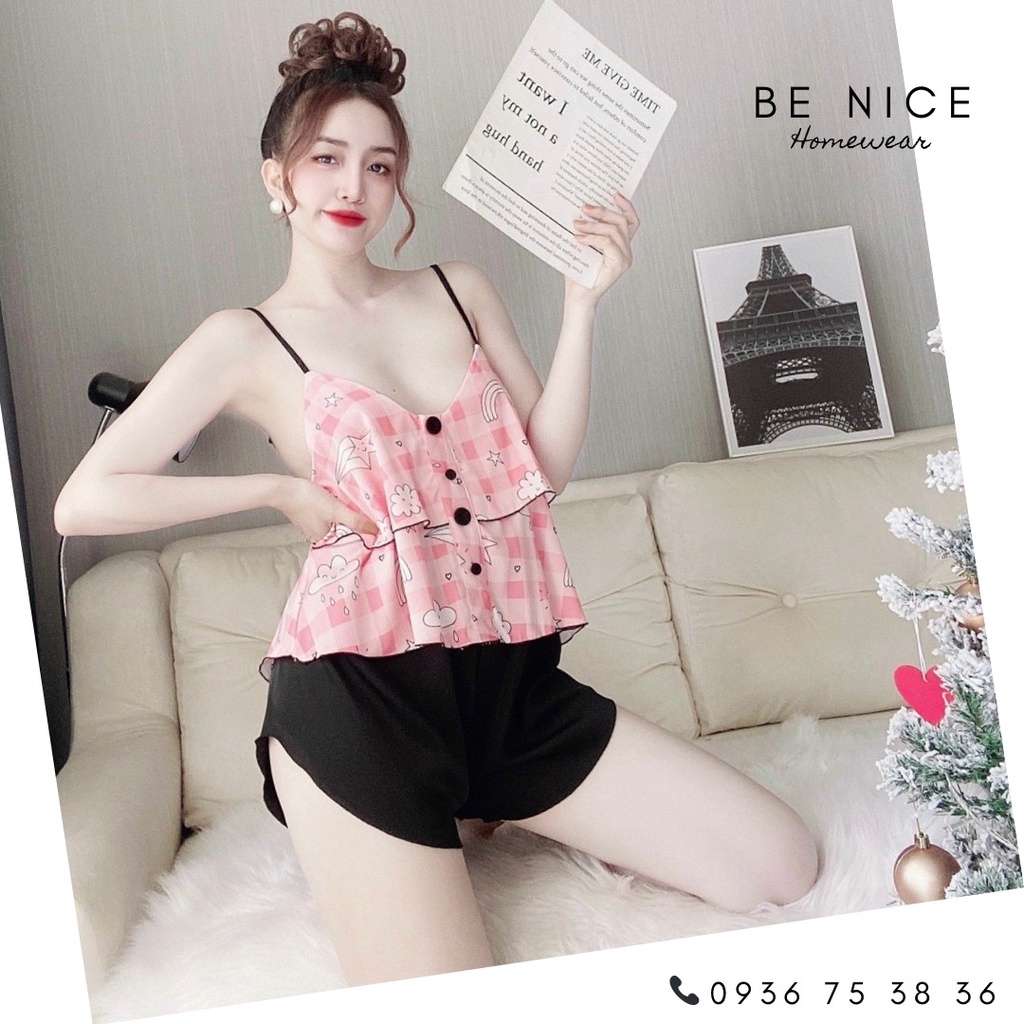 Bộ lụa dây ngắn phối màu và họa tiết xinh xắn cho nàng nhà Be Nice Homewear | BigBuy360 - bigbuy360.vn