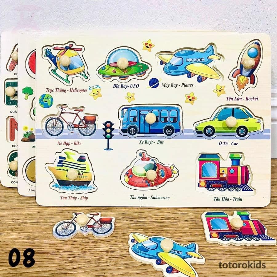 Bảng ghép hình gỗ có núm gỗ _ Đồ chơi phát triển tư duy cho bé