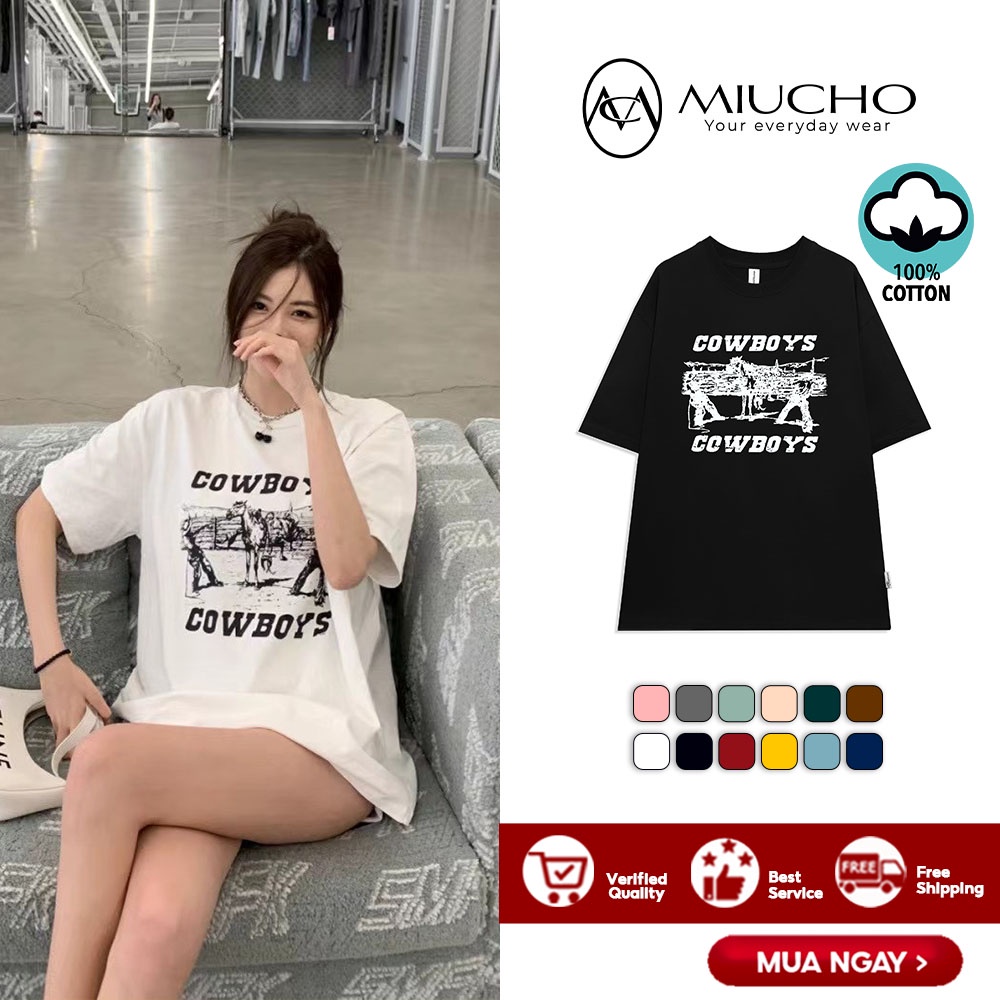 Áo thun form rộng nữ tay lỡ oversize, áo form rộng nữ hàn quốc chất vải cotton AT152 Miucho in hình hoạ tiết