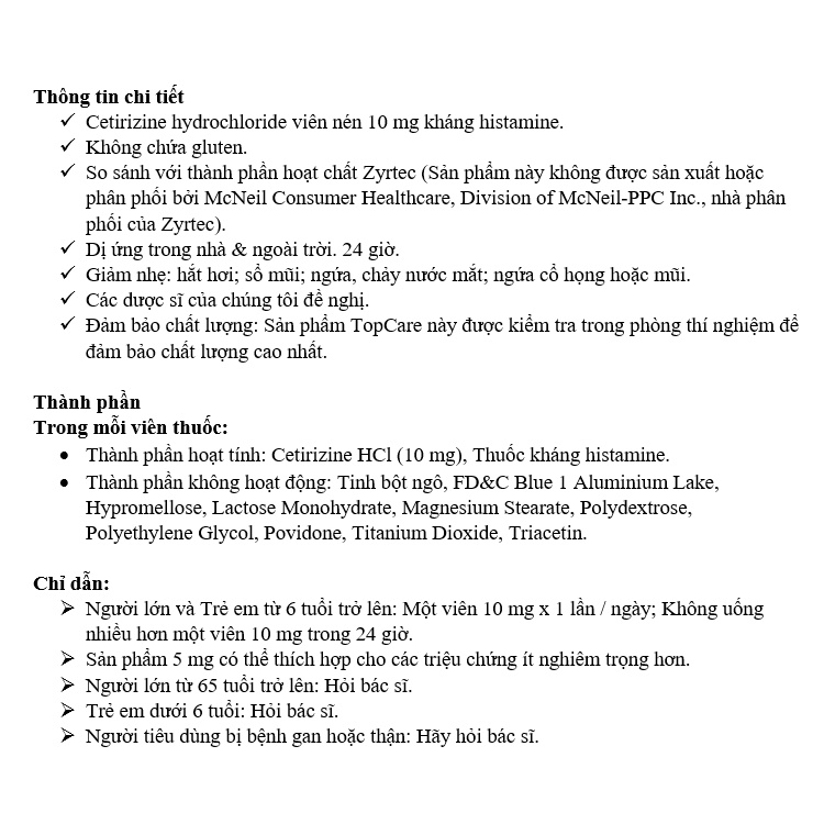 [DATE 4/2023] TopCare All Day Allergy Original Prescription Strength 10 mg 300 VIÊN ( TƯƠNG TỰ ZỶRTEC )