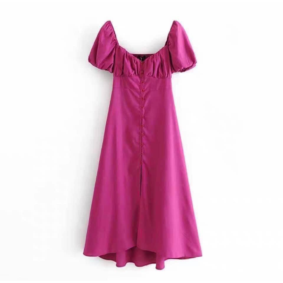 Đầm maxi tay bồng phối nút màu hồng sen xinh xắn - Pink Dress