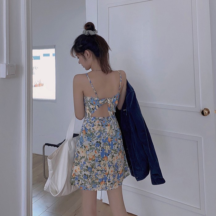 Đầm hai dây ôm eo lưng cao in hoa kiểu Pháp | BigBuy360 - bigbuy360.vn
