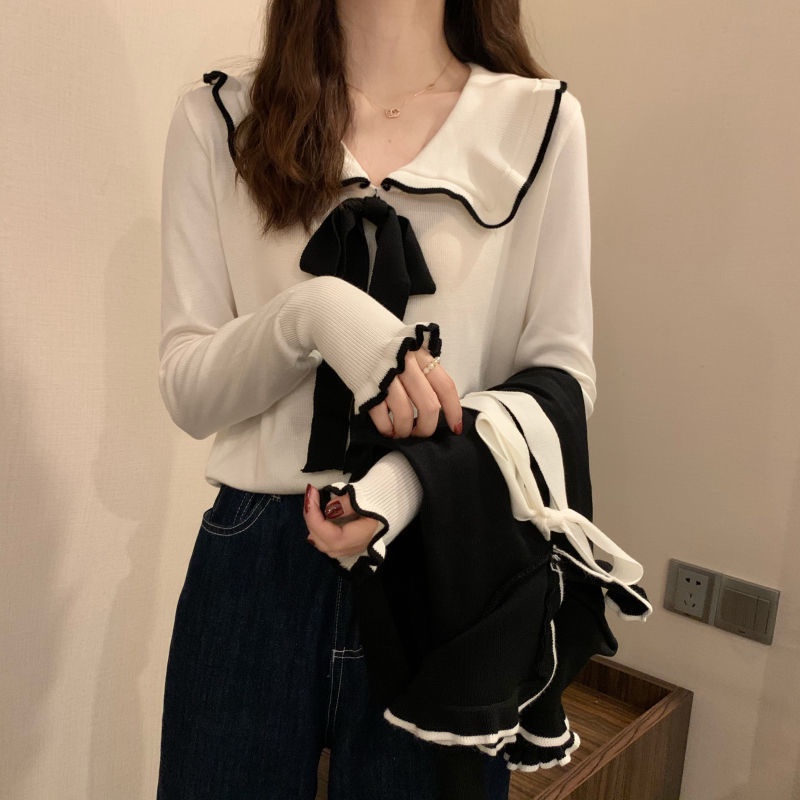 Áo Dệt Kim Nữ Tay Dài Cổ Búp Bê Đính Nơ Phong Cách Hàn Quốc
