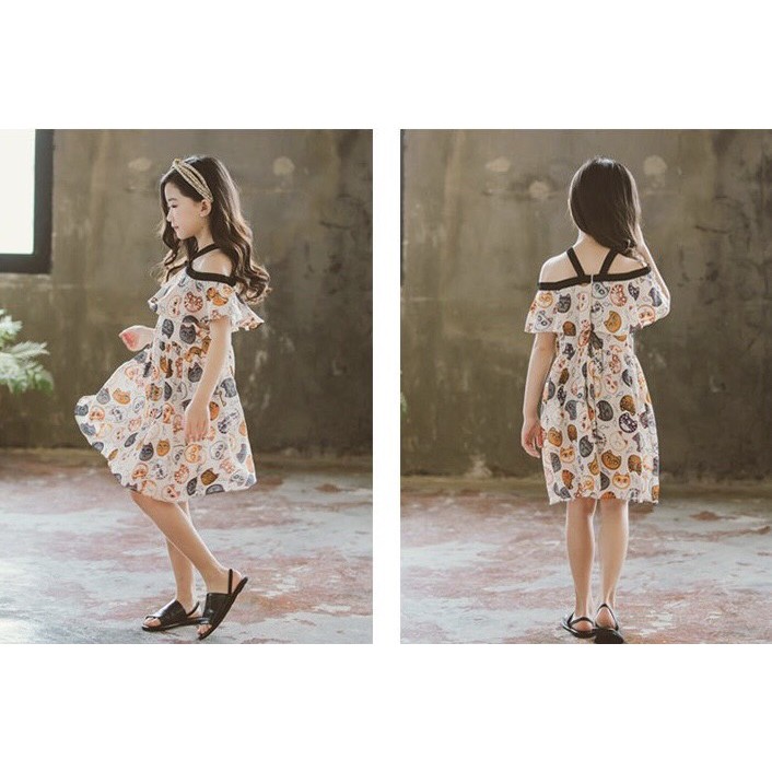 Váy xòe trễ vai họa tiết mèo xinh xắn, chất vải cái Hàn cho bé gái Kiddysun V21