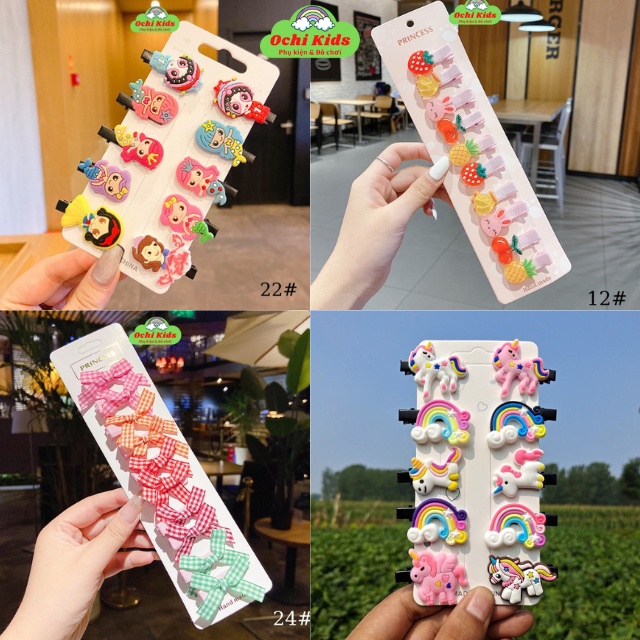 Set 10 cặp tóc nhiều hình, kẹp tóc bé gái dễ thương, kẹp mái nhỏ cho bé Ochi Kids