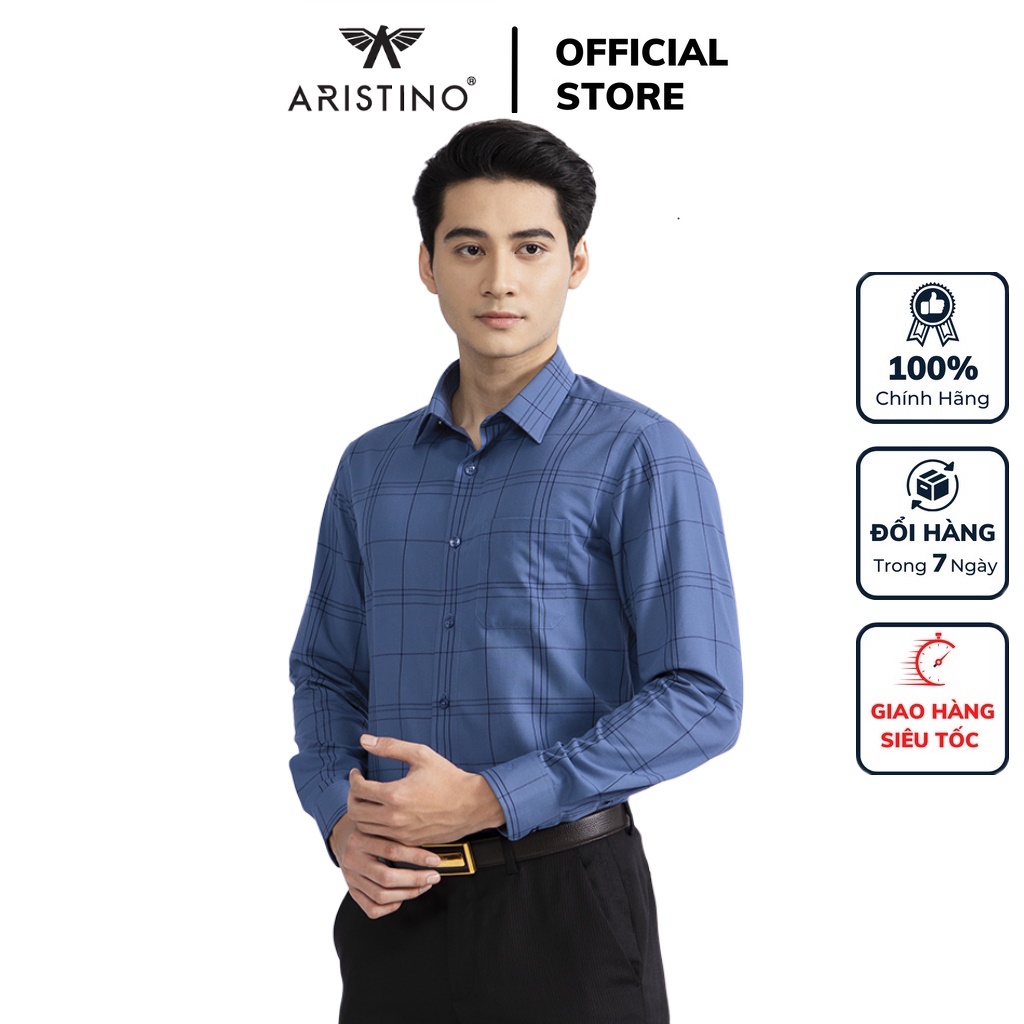Áo sơ mi nam dài tay ARISTINO ALS34002 somi công sở vải sợi sồi cao cấp màu xanh than kẻ đen dáng suông tà lượn có túi