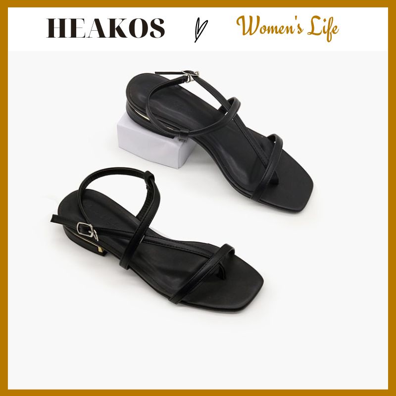 Sandal nữ xỏ ngón đế vuông viền vàng cao 2,5p quai chéo mảnh mũi vuông đẹp thời trang HEAKOS