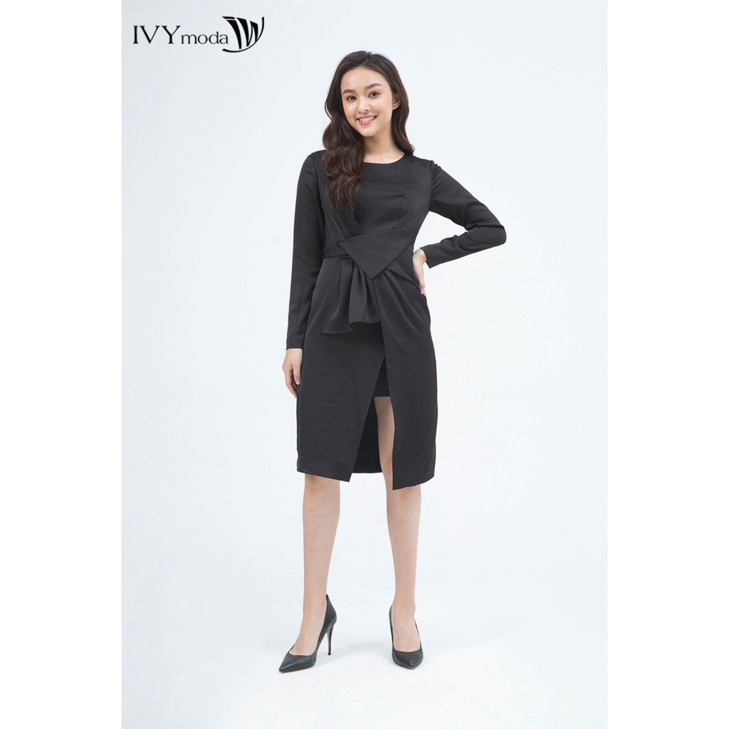 Đầm 2 lớp dài tay vạt nếp thiết kế IVY moda MS 48M5119