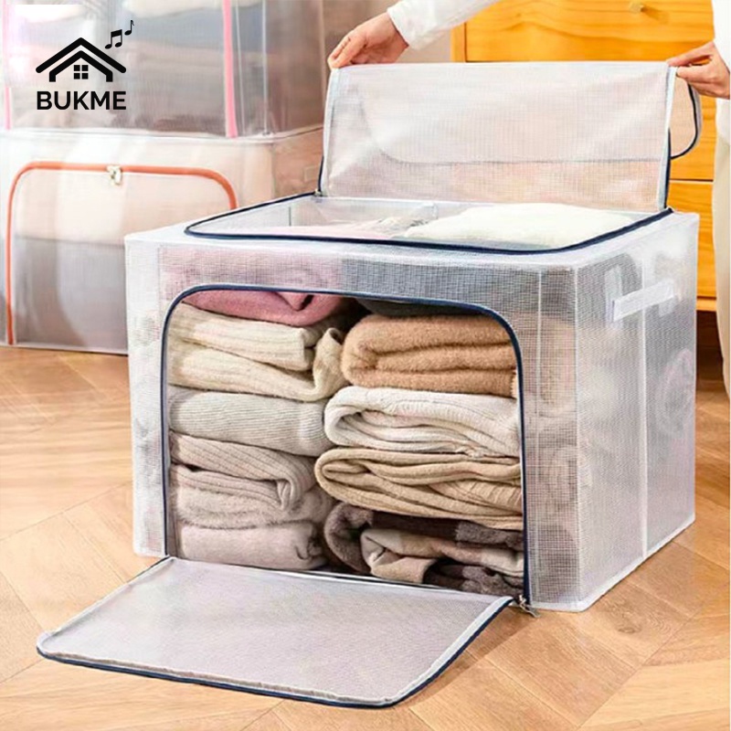 Hộp đựng quần áo chăn màn vải trong suốt chống thấm nước có khung thép có nắp khóa kéo dung tích 66l