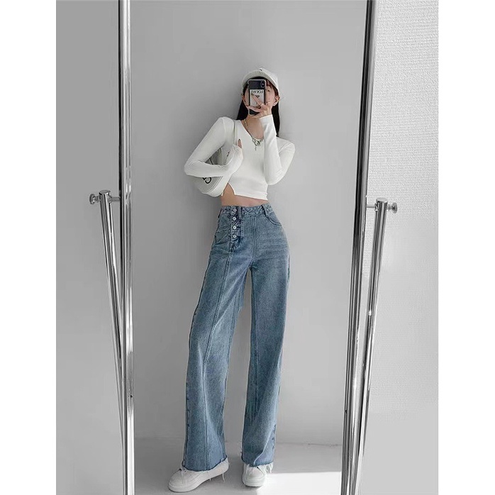 Quần jeans DaDuHey 2022 màu xanh lam nhạt phiên bản Hàn Quốc eo cao ống rộng đính nhiều nút thời trang xu hướng