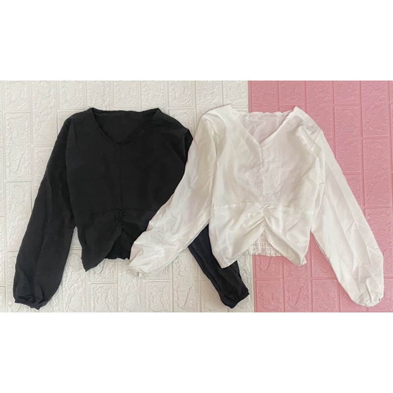 Áo kiểu cổ V dài tay có nhún bo eo