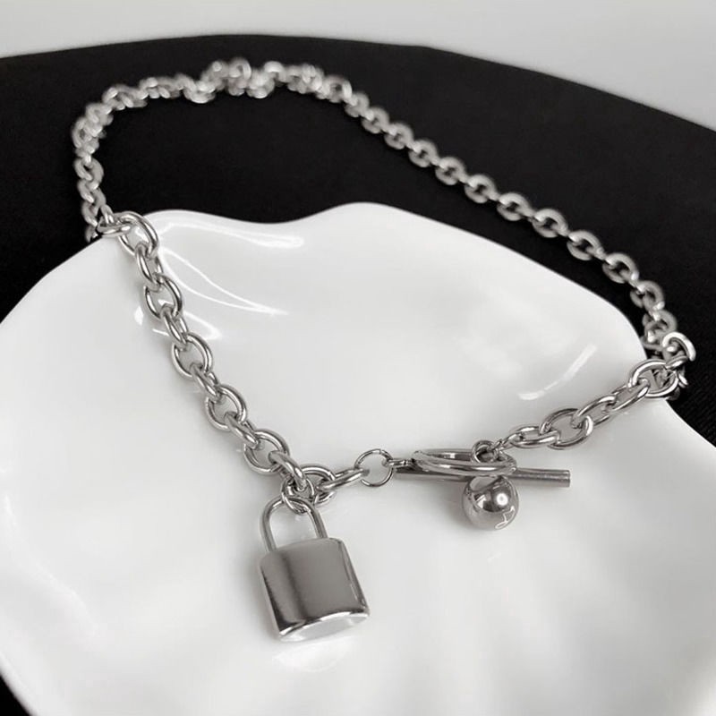 Dây Chuyền Thép Titan Mặt Ổ Khóa Tròn Thời Trang Đường Phố 23368