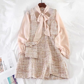 Set yếm dạ áo sơ mi nơ kèm túi đeo