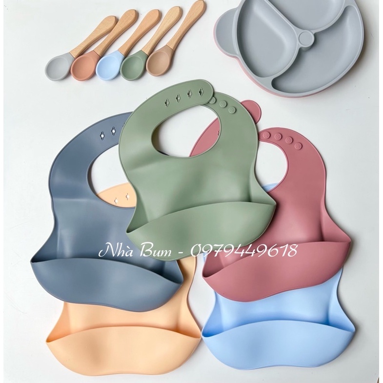 Yếm silicon trơn cho bé ăn dặm có máng hứng