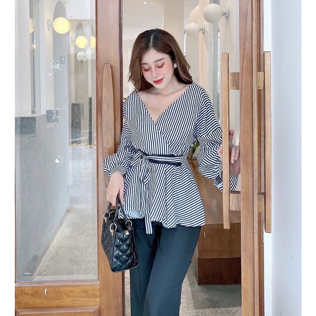 ÁO SƠ MI SỌC DÂY CỘT EO - Hình shop Chụp