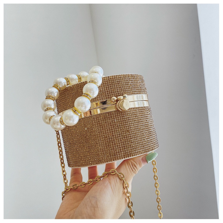 Túi đeo chéo IELGY kiểu hình trụ đính đá sáng bóng phối dây ngọc trai thời trang nhỏ gọn dành cho nữ