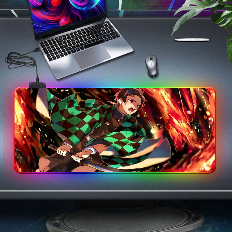 Thảm lót chuột chơi game có đèn LED RGB in hình Anime Demon Slayer kèm cáp