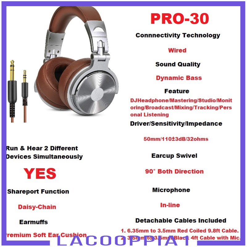 [LACOOPPIA1] Pro-30 Over Ear Headphones Studio Monitor Mixing DJ Stereo Headsets w/Mic