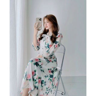 Đầm midi trắng hoa hồng cổ nơ tay phồng