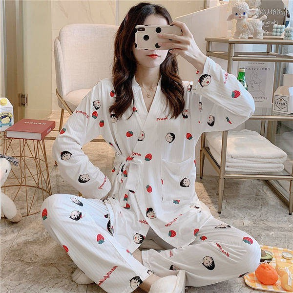 Bộ Đồ Ngủ Kimono Tay Dài Dáng Rộng Bằng Vải Cotton Phong Cách Nhật Bản Dễ Thương Dành Cho Nữ | BigBuy360 - bigbuy360.vn