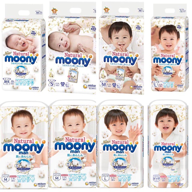 BỈM TÃ DÁN MOONY NATURAL NB63/S60/M46/L38/ XL32