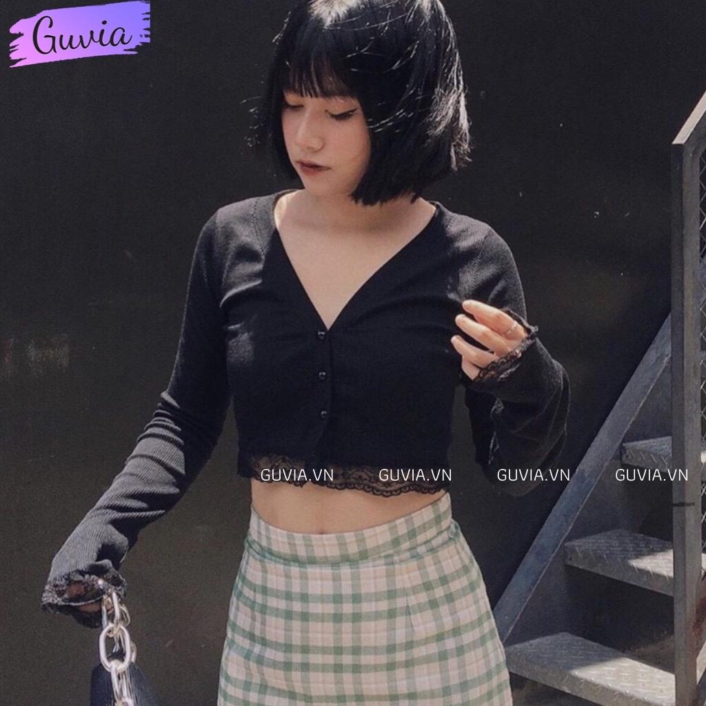 Áo Croptop Tay Dài Cổ Tim phối ren Kiểu Nữ Ôm Body Sexy Ulzzang GUVIA